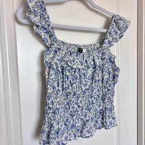 H&M Blue Floral Ruffle Cotton Blouse Mediterranean Motif Italy Summer